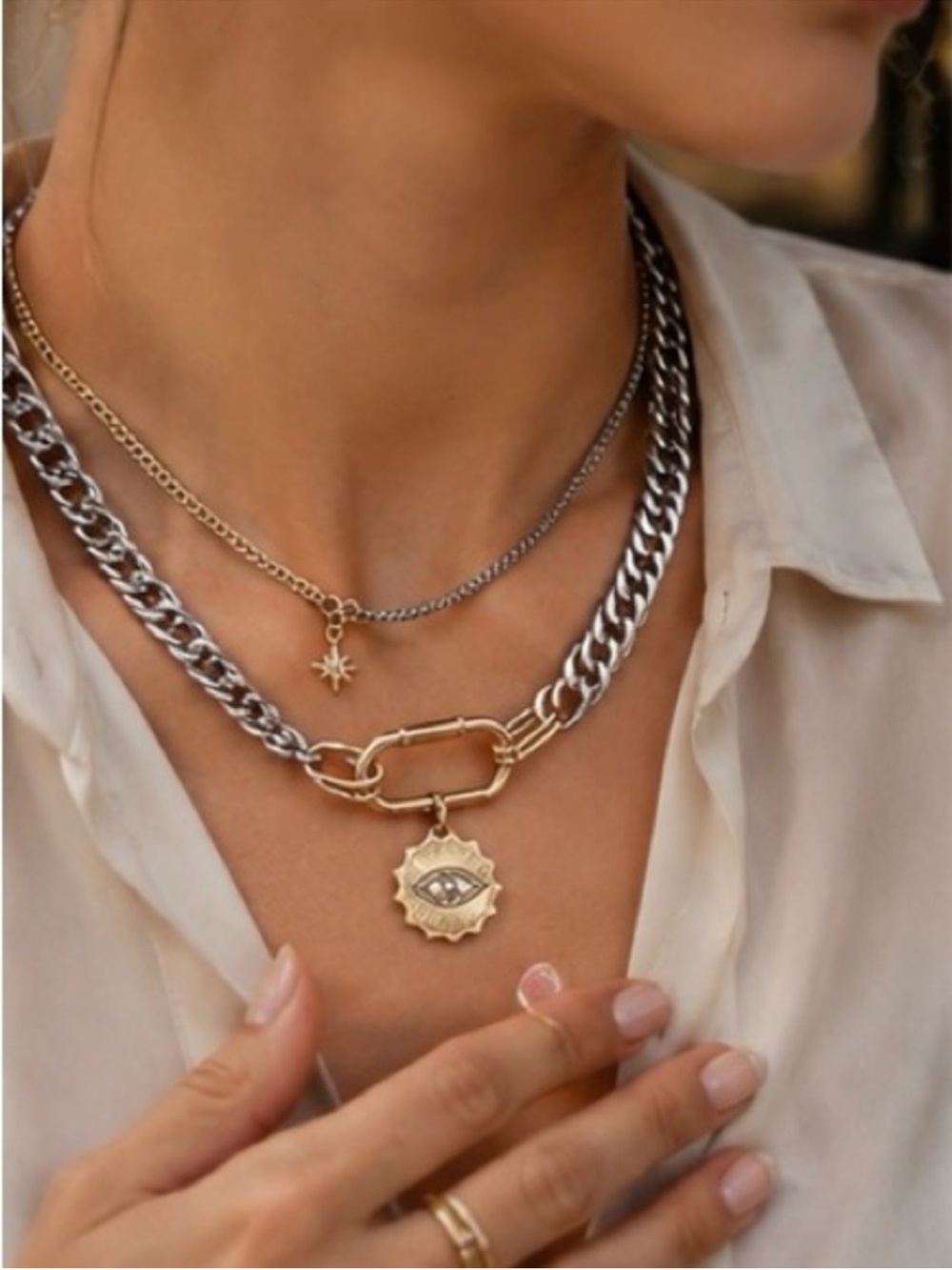 Layered Gold and Silver Eye Pendant Necklace Set
